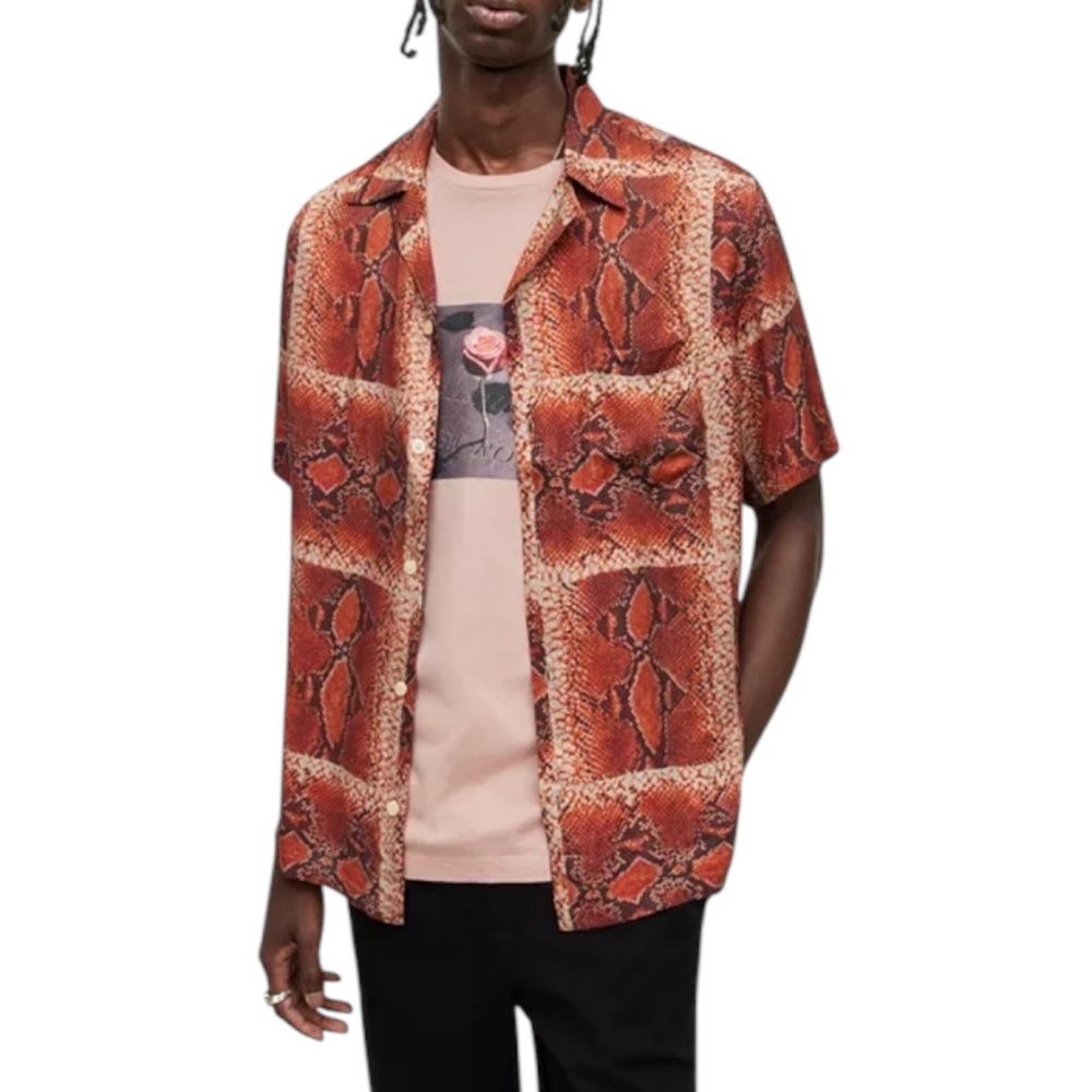All Saints Red‎ Snake Print Casual Button Down Shirt
